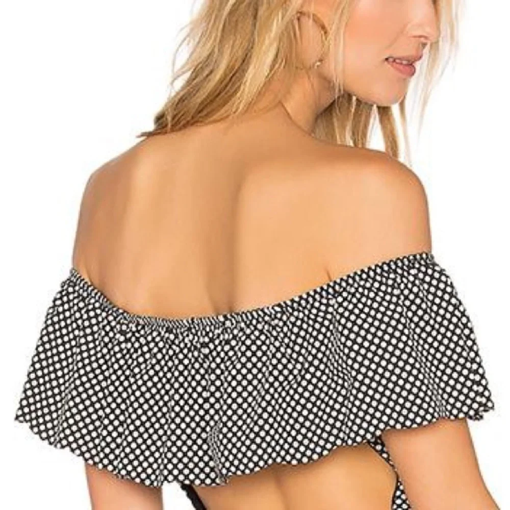 Nightcap Off Shoulder Ruffle Bikini Top Polka Dot Black White Size 3 M